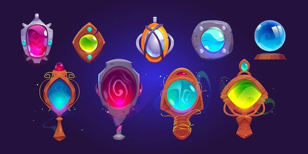 Magic amulets mirrors and glass sphere