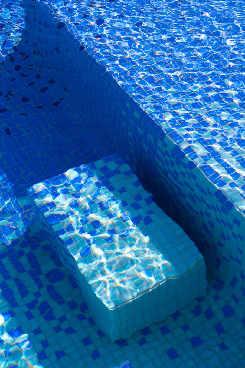 looking down into a colorful swimming pool