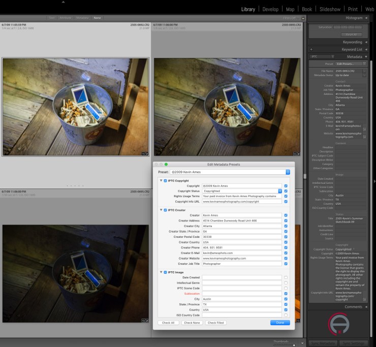 Using templates in Lightroom is the easiest way to add metadata.