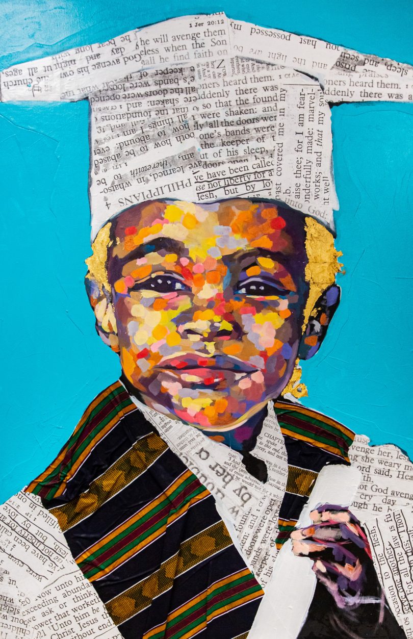 portrait of Black boy with paint and collage