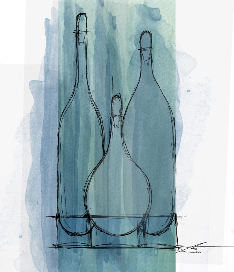 blue and grey sketch of three tall vessels