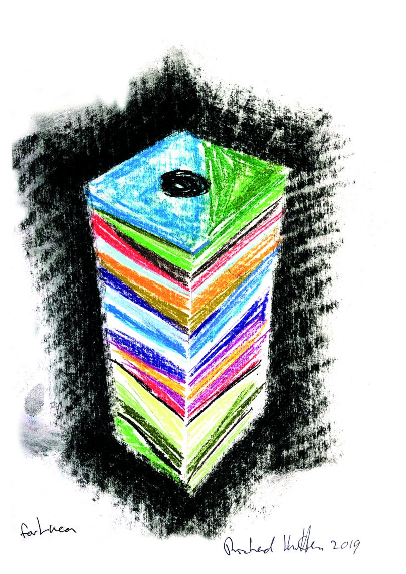sketch of a tower-like sculpture with striated banks of color