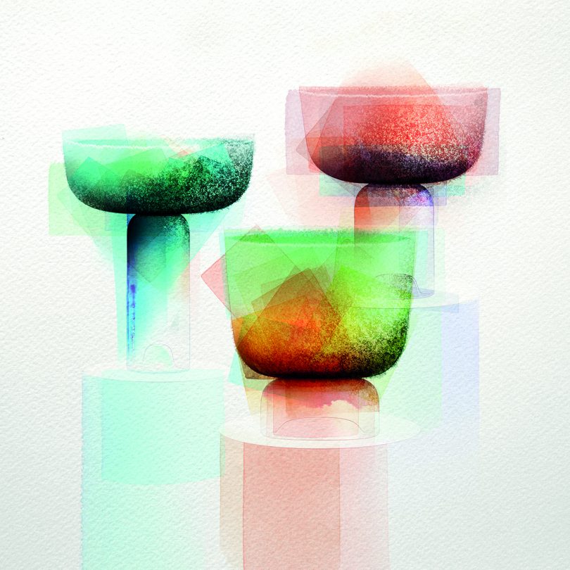colored sketch of three bowls/vessels