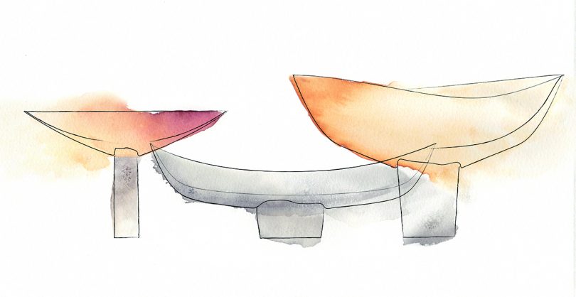 sketch of three colored bowls/vessels