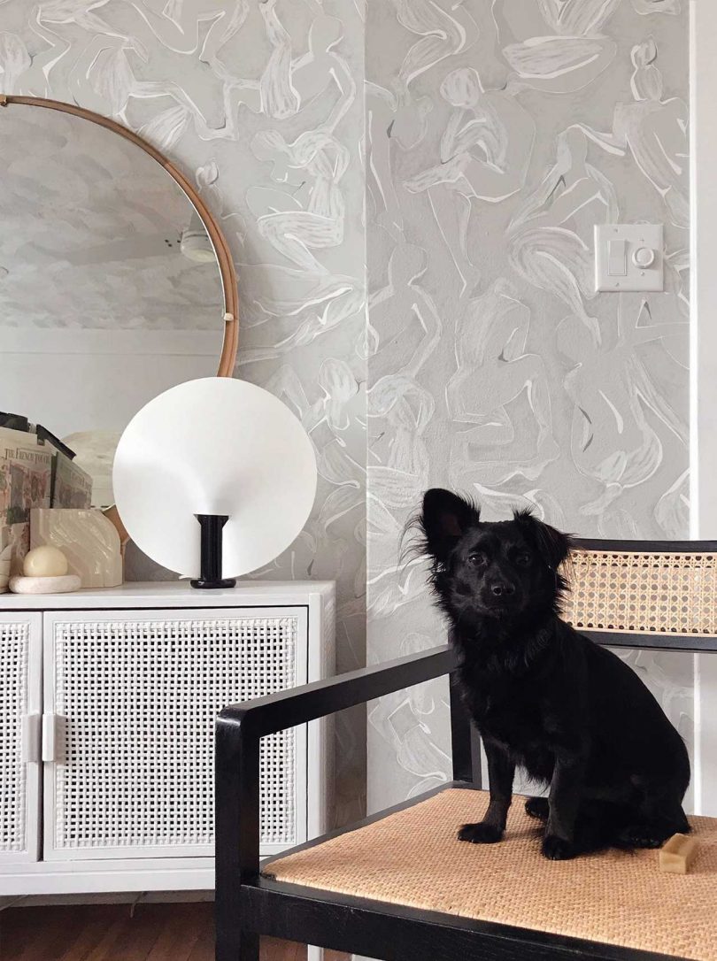 room with pale gray abstract wallpaper with dog sitting on chair