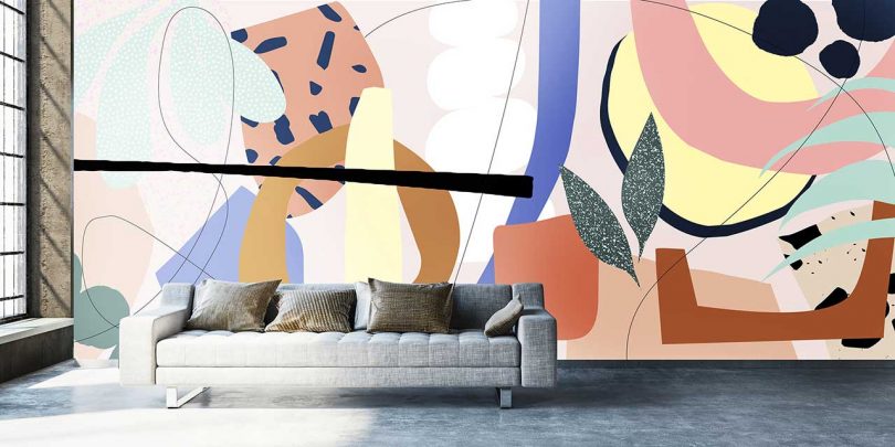 alex proba wallpaper with colorful abstract pattern in loft with sofa