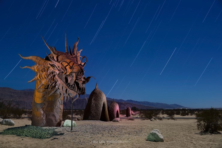 Sculpture of dragon, .Borrego Springs, night.