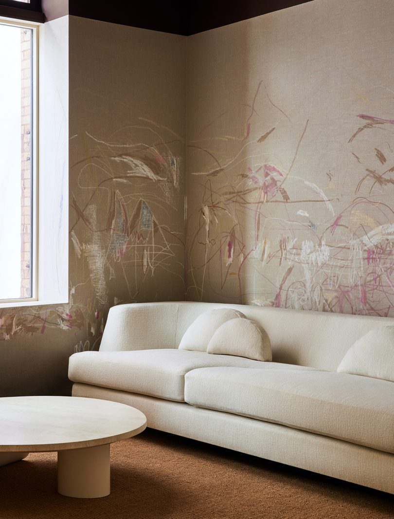 sofa, coffee table, wallpaper