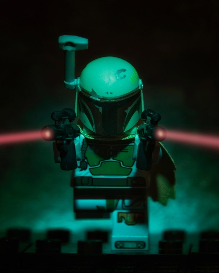 Lego Minifigure Boba Fett charging with weapons blazing!