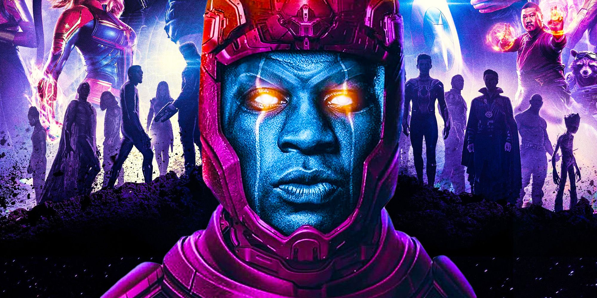 Jonathan Majors as Kang the Conqueror in front of the Avengers