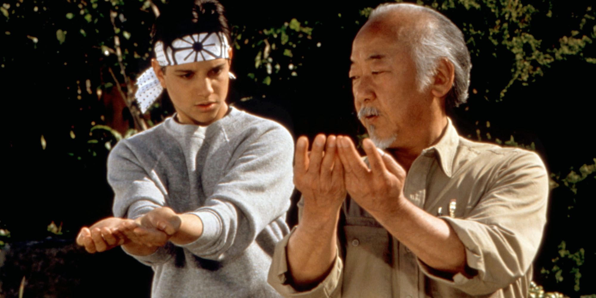 Ralph Macchio and Pat Morita in The Karate Kid