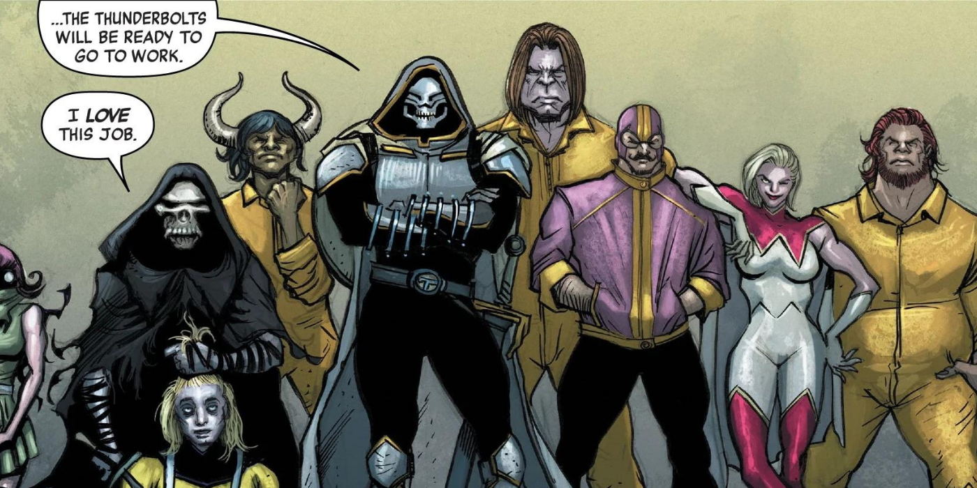 askmaster standing with his arms crossed, along with the Thunderbolts