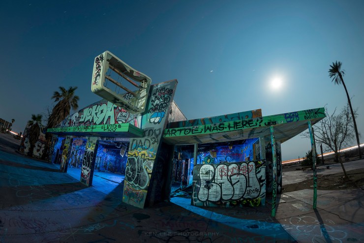 A fisheye view of what used to be the arcade.  Using a handheld ProtoMachines LED2 light painting device, I lit the interior and exterior of the structure.