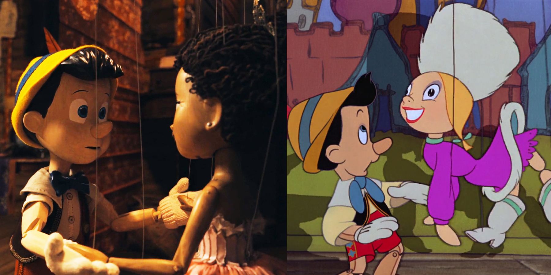 Pinocchio and Sabina in the remake and Pinocchio scared of a female puppet in the original