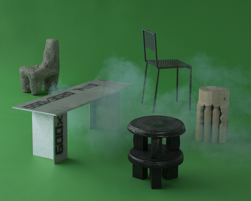 collection of furniture on green background with white smoke