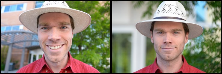 28-300mm lens. The image on the left is shot at 28mm. The one on the right is zoomed in to 300mm, then Mandy stepped back to frame my head the same way.