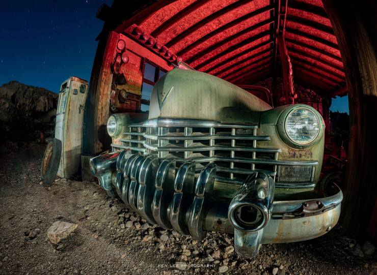 A good tripod helps you get down low. And stay there. Night photo of vintage Cadillac with Buick bumper.