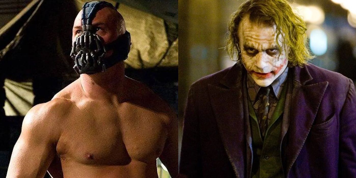 Tom Hardy as Bane in The Dark Knight Rises and Heath Ledger as the Joker in The Dark Knight