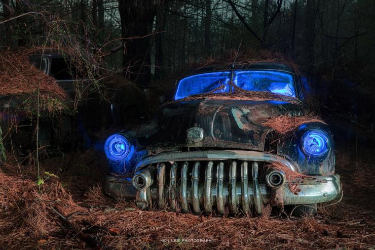 Vintage automobile at night, light painting.