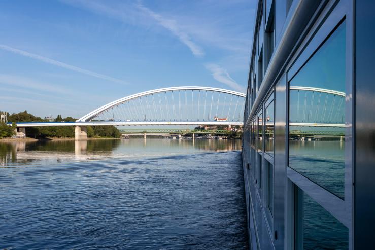 Apollo Bridge Bratislava reflected in the windows on our ship.