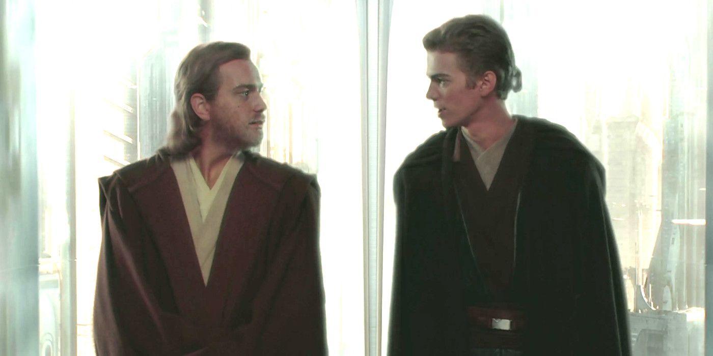 Ewan McGregor and Hayden Christensen in Star Wars Attack of the Clones having a conversation in an elevator