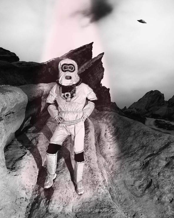 Space alien robot. Night photo, Vasquez Rocks, CA.