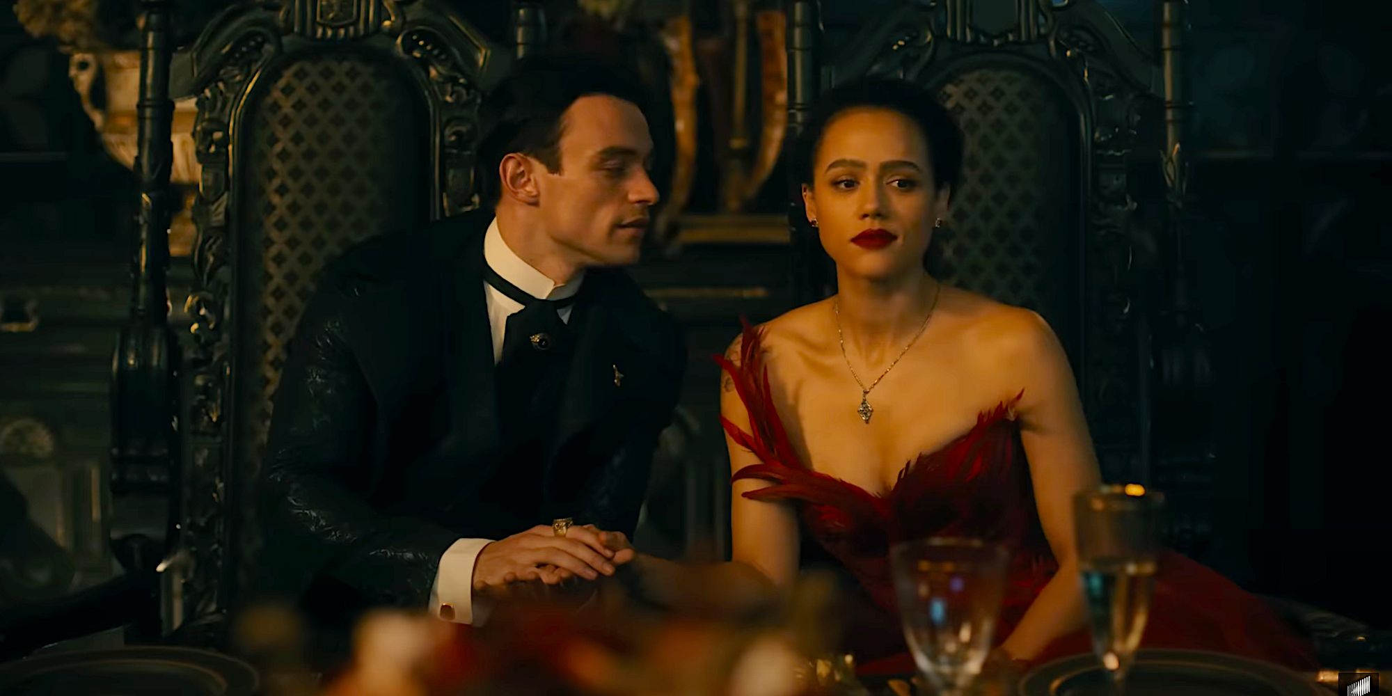 Thomas Doherty as Walt and Nathalie Emmanuel as Evie in 2022's The Invitation
